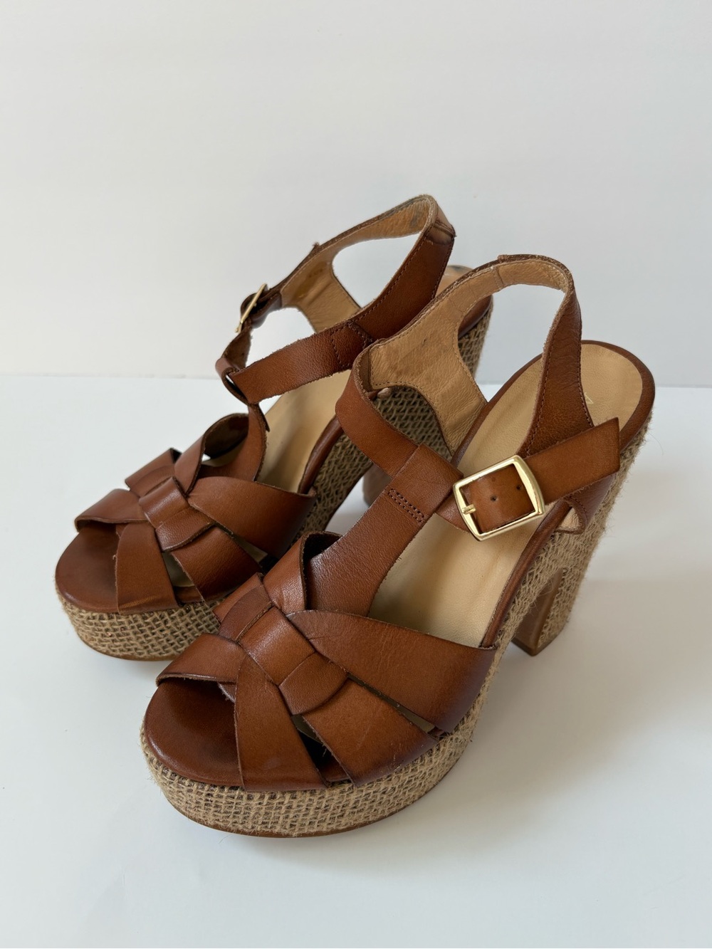 Anthropologie Brown Leather Woven Platform Sandals 7 T-Strap Preppy Academia